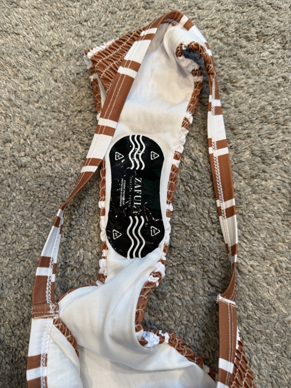 Zaful | NWT Brown and White Striped Smocked Triangle Bikini Top - Picture 8 of 9